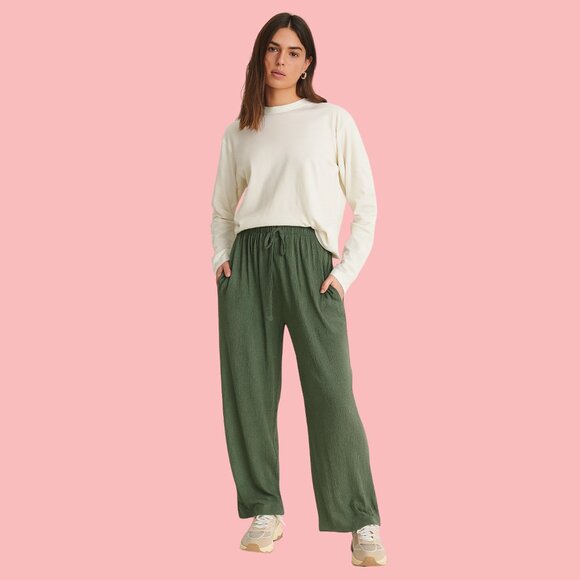 Francesca’s Olive Green Textured Wide-Leg Drawstring Pants  Size M (Relaxed Fit) - Picture 1 of 8
